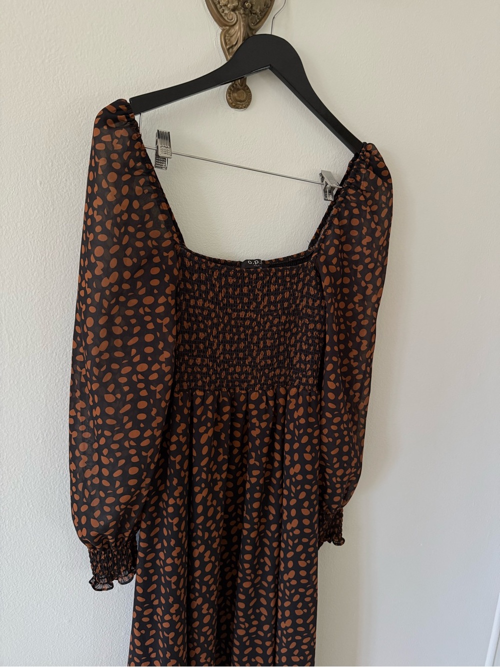 Smocked Square-Neck Midi Dress in Brown Polka Dots - Picture 4 of 4